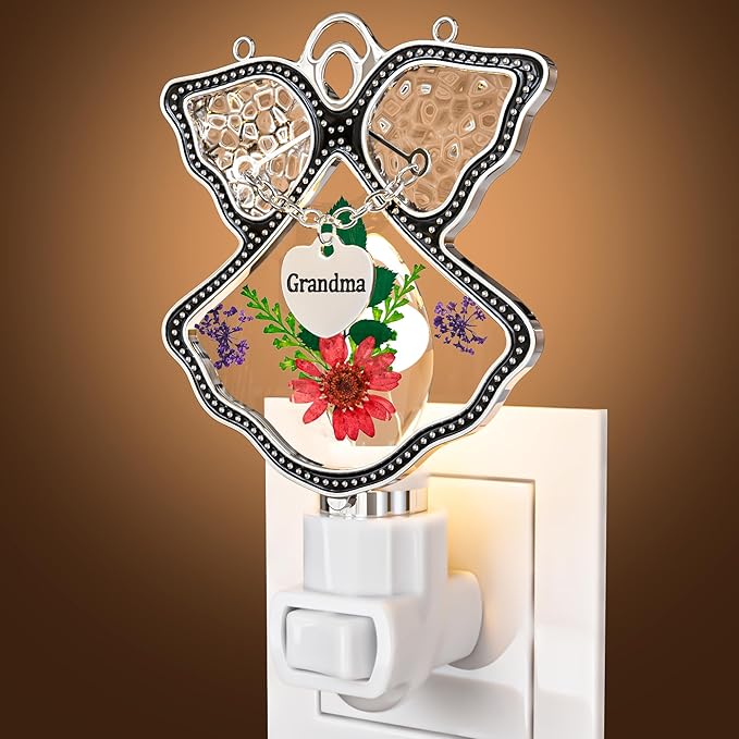 KY&BOSAM Night Light Grandma Stained Glass Angel Night Lights Plug Into Wall with Real Flower in Glass and Metal Charm Night Light for Nursery Bedroom Bathroom Accent Lite Elegant Home Decoration