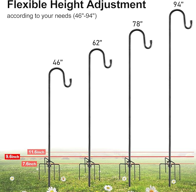 Bird Feeder Pole, 46 Inch & 5/8 Inch Diameter Stainless Steel Heavy Duty Shepherds Hooks for Outdoor to Hang Outdoor Lights with 5 Prongs Base, Rustproof for Garden Decor or Wedding Decors(Black)