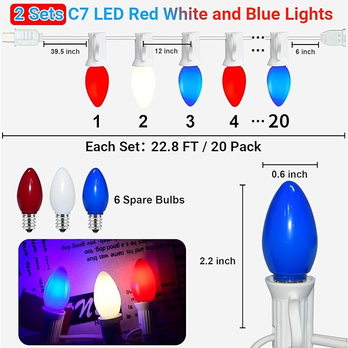 45.6 FT 4th of July Decorations Lights Outdoor, C7 LED Red White and Blue Lights String with 46 Bulbs(6 Spare), Patriotic Decor Light for Memorial Day Independence Day Patio Garden Backyard Bistro