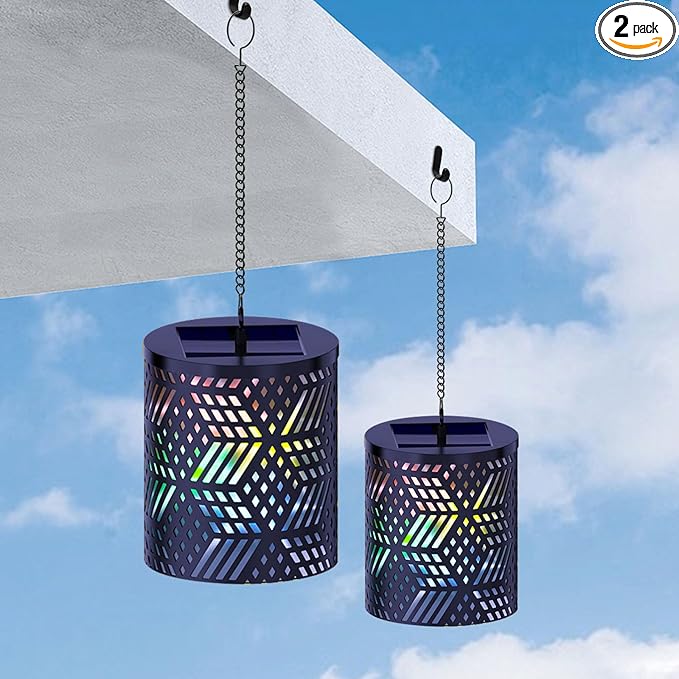 RGB Solar Lanterns Outdoor Waterproof Hanging Solar Lights Gifts for Men Women Metal Decorative LED Lanterns for Yard, Patio, Lawn, Tabletop, Pathway, Landscape, Garden Decor Diamond Pattern (2 Pack)