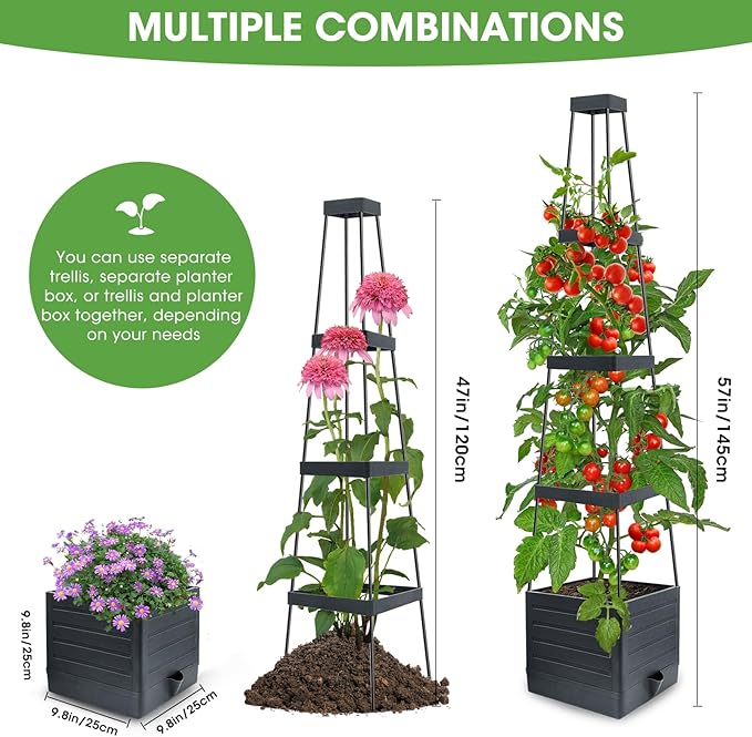 Raised Garden Bed Planter Box with Trellis, 58” Tomato Cage Planter Raised Garden Bed with Trellis for Climbing Vegetables Plants Tomato Cage w/Self-Watering, Indoor Outdoor Use (2)
