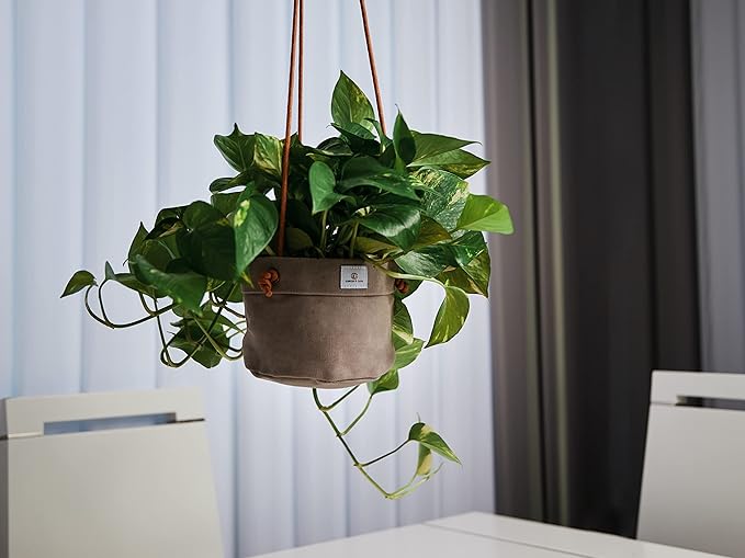 Large Waxed Canvas Handmade Hanging Planter for Indoor/Outdoor Plants, Hanging Basket Plant Holder Stone Gray