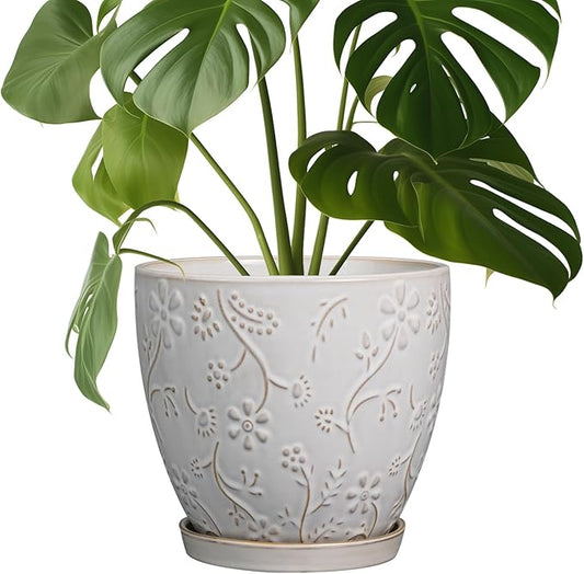 8 Inch Ceramic Pots for Plants Large Planter Pot with Drainage Hole and Saucer Round Flower Pot for Indoor Outdoor Decor, White