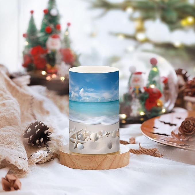 Flickering Flameless Candles, Starfishes Seashells Beach Blue Sky LED Candles with Remote Timer, Set of 2 Battery Operated Candle for Valentine Wedding Birthday