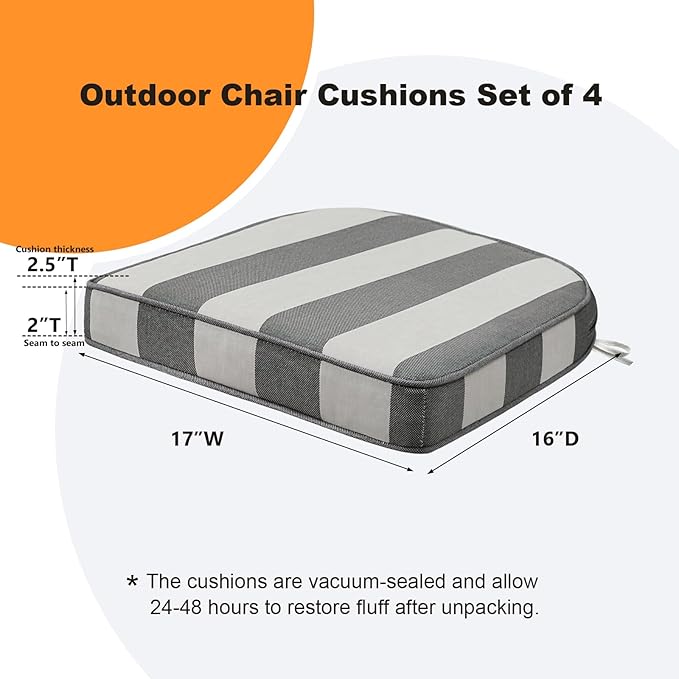 Round Corner Seat Cushions, 17" x 16" x 2", Set of 4, Indoor Outdoor Water Repellent Universal Chair Pads with Ties for Patio Furniture, Garden Deck Dining Chairs, Gray Stripe