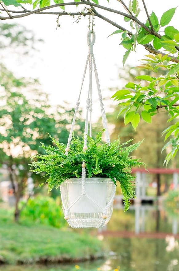 Melphoe Self Watering Hanging Planters for Indoor Plants, 1 Pack 8.3 Inch Outdoor Hanging Plant Pot Basket, 2 Kinds of Hangers Macrame 35.5’’ & Metal Chain 19.6’’ for Garden Home Decor