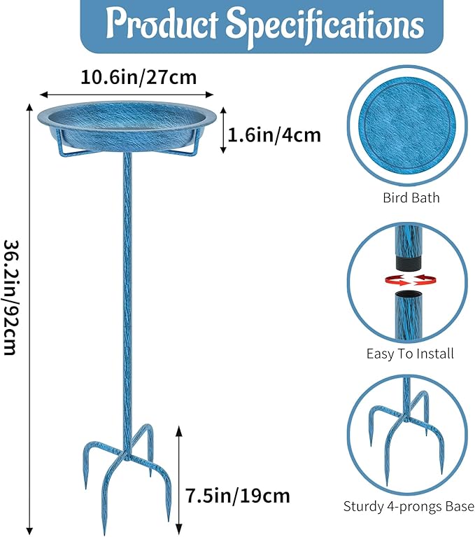 Metal Bird Bath for Outside, 36.2" Height Birdbath Bowl Standing Bird Feeders for Outdoors with 4 Prongs Base Stake, Freestanding Birdfeeders for Garden Yard Lawn Decor (Retro Blue)