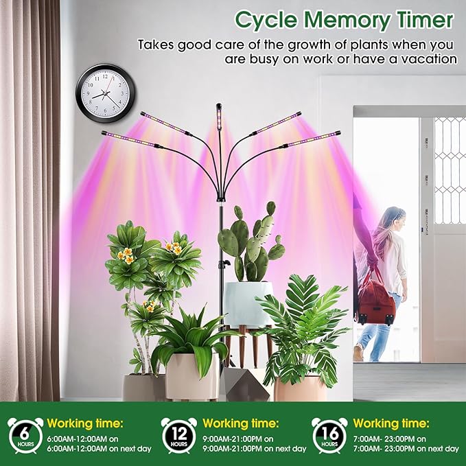 wolezek Grow Lights for Indoor Plants, Full Spectrum LED Plant Grow Light with Adjustable Stand and Sturdy Clip, 5-Heads Plant Light with Auto 6/12/16H Timer, 3 Light Modes, 5 Levels Dimmable