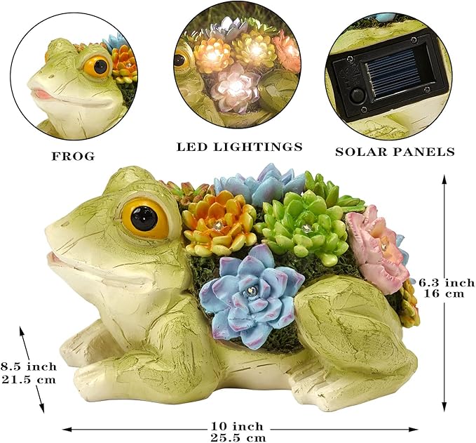 pearlstar Garden Statues, Frog Solar Statue Garden Decor Clearance, Cute Resin Frog Figurines with 7 LED Solar Lights Lawn Decorations for Patio Yard Gifts for Mom Grandma Housewarming