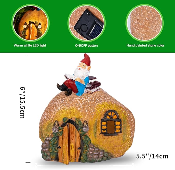 mopha Garden House Statues, Funny Gnome Fairy Garden Lights Figurine,Resin Solar Powered Outdoor Decor Patio Yard Lawn Ornament Decoration