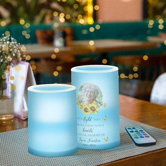 Vdsrup Flameless Candles Set of 2 Memorial Custom LED Candles with Timer Battery Operated Sunflower Candle Lights Flickering with Remote for Home Bedroom Decor