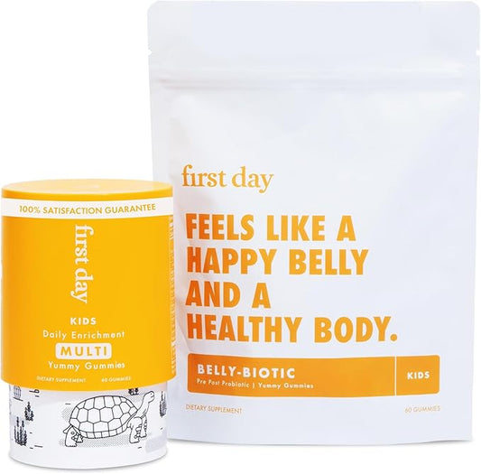 FIRST DAY Kids Daily Multivitamin + Tribiotic Gummies – Vitamin A, D3, B6, B12, C, Pre+, Post+, Probiotics & More to Support Growth, Brain Function, Immunity, Digestion – Low Sugar – 30 Day Supply