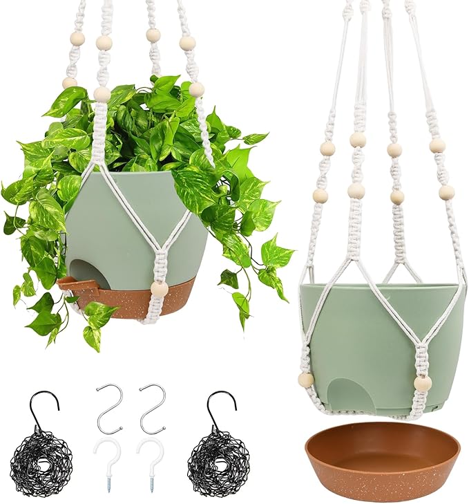 Hanging Planters for Indoor Outdoor Plants, 2 Pack Self Watering Hanging Pots, Hanging Plant Baskets with Drainage Holes & 2 Types of Plant Hangers (Green, 6'')