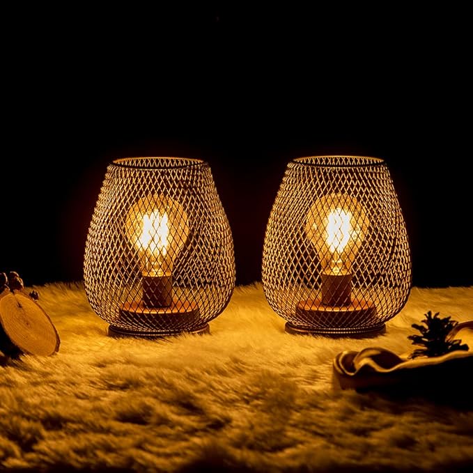 DECORKEY Set of 2 Rechargeable LED Table Lantern, Brown Metal Cage Cordless Lamps with LED Bulb，Vintage Decorative Outdoor Lantern for Weddings, Parties, Patio, Events for Indoors Shelf Decor