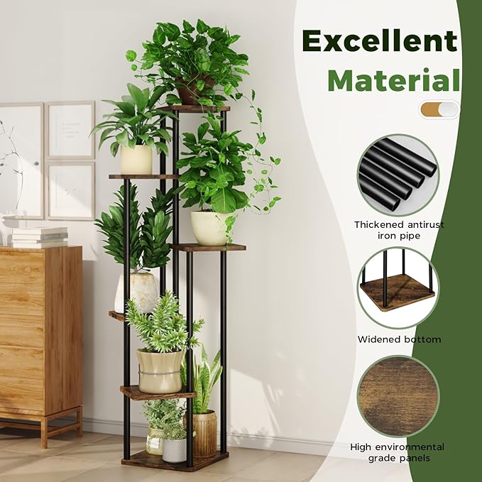 6 Tiered Plant Stand Indoor Corner Plant Shelf for Multiple Plants for Patio Garden Balcony Living Room Bedroom, Tall Metal Flower Pots Stand Relaxing for Women Gift Brown Oak