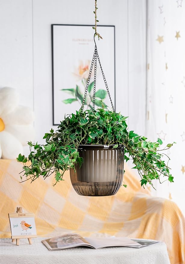 Melphoe 1 Pack Self Watering Hanging Planters Indoor Flower Pots, 8.3 Inch Outdoor Hanging Plant Pot Basket, Plant Hanger with 3Hooks Drainage Holes for Garden Home