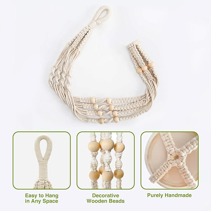 Macrame Plant Hanger Indoor Set of 4 with 8 Hooks, Indoor Outdoor Hanging Planter for Plants Holder with Decorative Wood Beads & No Tassels, Boho Home Decor, 35 Inch Ivory (Pots Not Included)