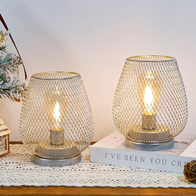 JHY DESIGN Set of 2 Metal Cage LED Lantern Battery Powered Cordless Accent Light with LED Great for Weddings Parties Patio Events for Indoors Outdoors(Silver)