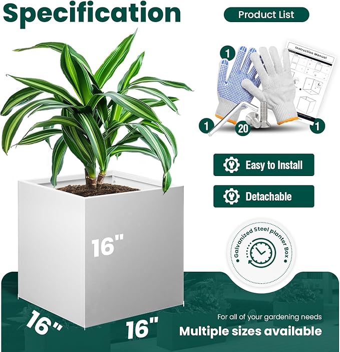 White Steel Planter Square Outdoor Planters Galvanized Steel Planter Box Indoor Metal Large Planters Cube Heavy Duty Flower Pot 16 Inch Modern Commercial Residential for Trees Patio Deck Yard Garden