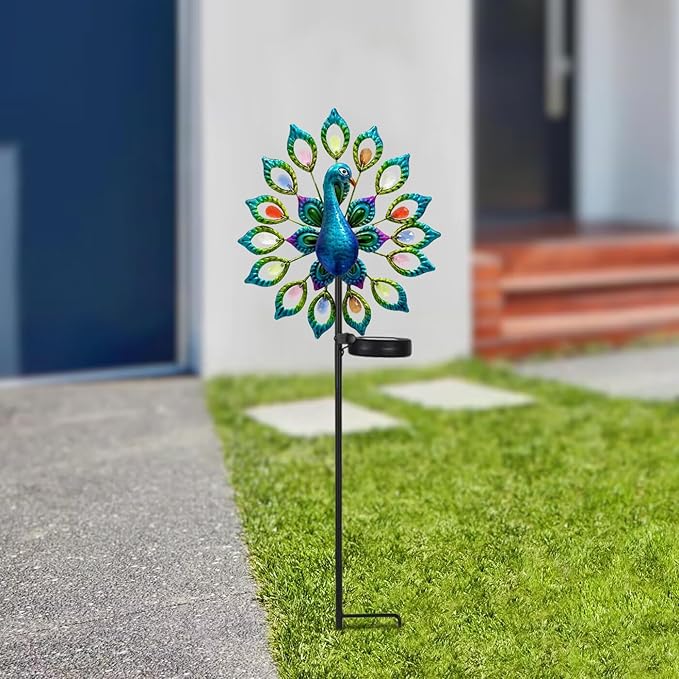 Outdoor Wind Spinner, Solar Garden Lights Metal Peacock Garden Decor,Solar Stake Lights Decorative for Patio Pathway Yard Decoration Mothers Day Ideal Gifts（Peacock Opens its Tail）
