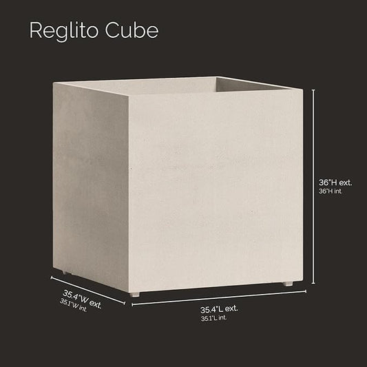 Reglito Cube Planter – Fiberglass Indoor/Outdoor and Weather-Resistant Large Planter (Sand Stone, 35.4" L x 35.4" W x 36" H)