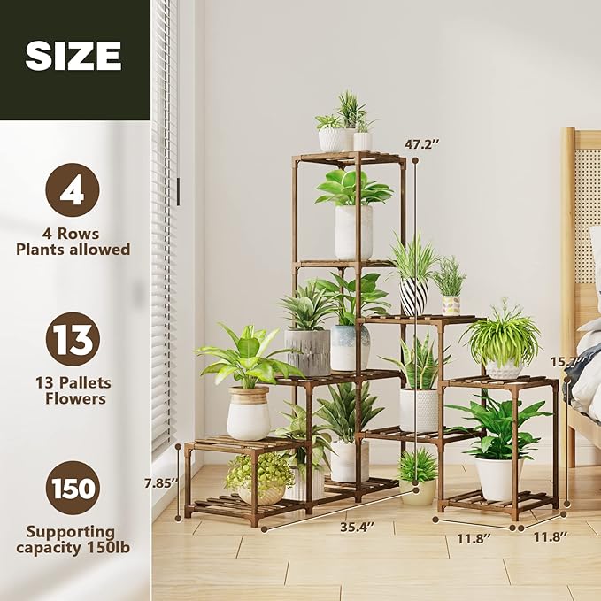 Bamworld Plant Stand Indoor Corner Plant Shelf Wood Plant Holder 8 Pots for Multiple Plants Home Decor for Gardening Gifts