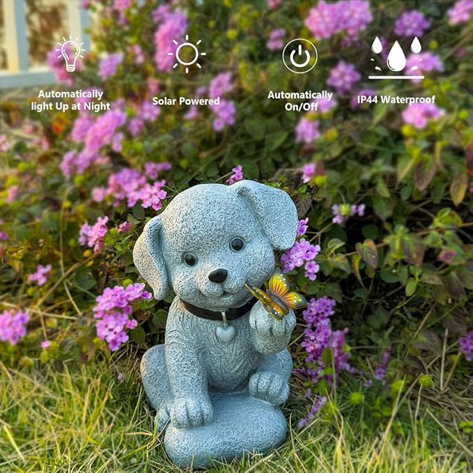 Solar Dog Statue Garden Decor with Butterfly Light – Waterproof Outdoor Yard Art for Patio, Lawn, Balcony for Patio, Balcony, Yard Ornament, Unique House Warming Garden Gifts Figurine Lights