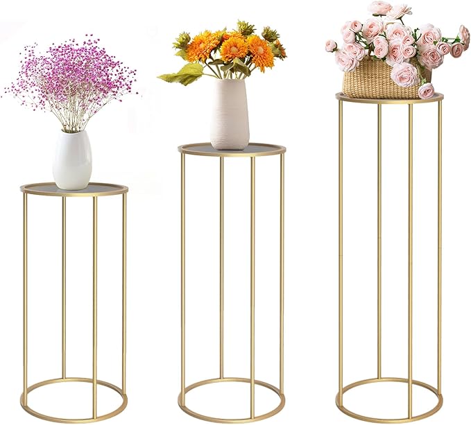 chamvis Gold Metal Plant Stand, 3 Pcs Tall Cylinder Pedestal Stands for Parties and Weddings, Gold Round Cylinder Tables for Living Room and Patio Decor