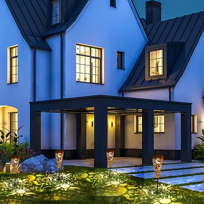 DIBIEECN 2 Pack Sun and Moon Solar Pathway Lights Outdoor,Metal Garden Decorations Outdoor Lights with Patterns and Warm Light,Waterproof Landscape Lighting for Path Patio Backyard Walkway Yard