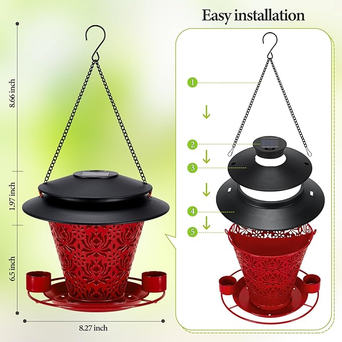 Solar Bird Feeders for Outside Hanging Metal Wild Bird Feeder Solar Lanterns Outdoor Waterproof Garden Decor for Yard red