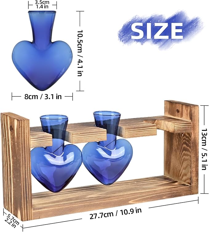 Plant Terrarium Propagation Stations Hydroponics Home Garden Decoration Gift for Women with Wooden Stand Heart Shaped Colored Glass Vase
