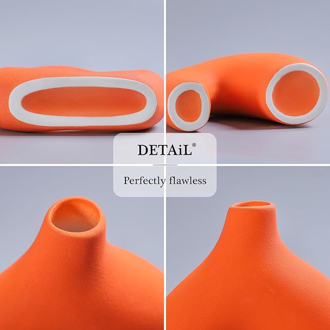 CEMABT Orange Ceramic Vase Set of 2 for Modern Minimalist Bohemian Decor，Round Matte Donut Vases for Pampas Grass-Perfect for Living Room, Dining Table, Office Bedroom Shelf Decor Entryway, Console