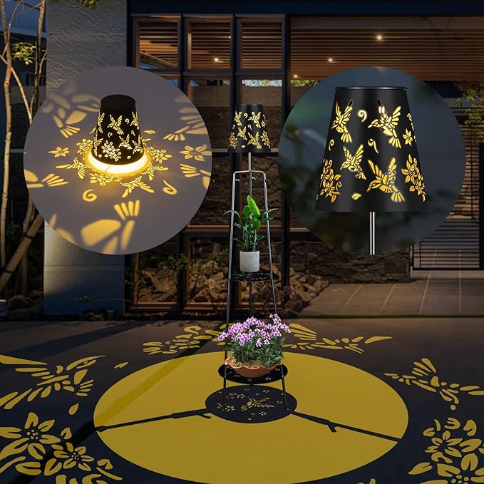 47.2'' Outdoor Metal Solar Floor Lamps with 2 Plant Stand Hummingbird Solar Lights Waterproof Solar Powered Street Lights Garden Decorative Lantern for Yard Pathway Deck Patio Porch Driveway Decor