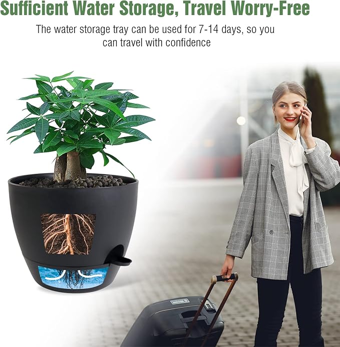 12 inch Large Self Watering Pots, Plastic Planters with 60oZ Removable Deep Reservoir and Multi Mesh Drainage Holes for Indoor Outdoor Garden Plants and Flowers, Black