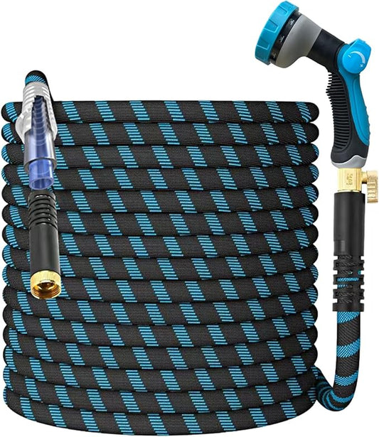 150Ft Non-Expandable Garden Hose, Flexible Water Hose with 10-Pattern Spray Nozzle, Lightweight Hose Pipe, Kink-Free, Leak-Proof, 3/4" Solid Metal Fittings