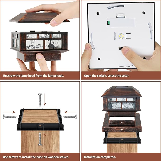 Solar Post Lights Outdoor, 20LM Fence Post Cap Lights, Waterproof, 2 Light Modes, Fit 3.5x3.5in 4x4in 5x5in Wooden Post, Solar Power Deck Lights for Garden Deck Patio Decoration(Bronze 4Pack)