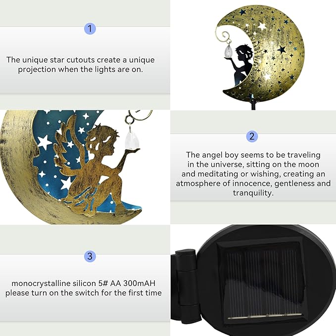 Solar Angel Moon Garden Stake Light – Outdoor Metal Yard Decoration with Crystal Pendant, Waterproof LED Light for Patio, Pathway, Lawn – Rustic Gold & Blue