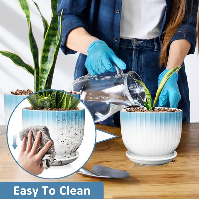 6.7 + 5.5 Inch Plant Pot, Ceramic Planter with Drainage and Saucer, Ceramic Pots for Plants, Indoor Plant pots,Ceramic Flower pots（Blue + White, Plants NOT Included）