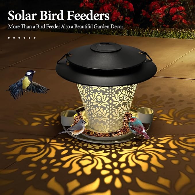 Solar Bird Feeders for Outside Hanging Metal Wild Bird Feeder Solar Lanterns Outdoor Waterproof Garden Decor for Yard White