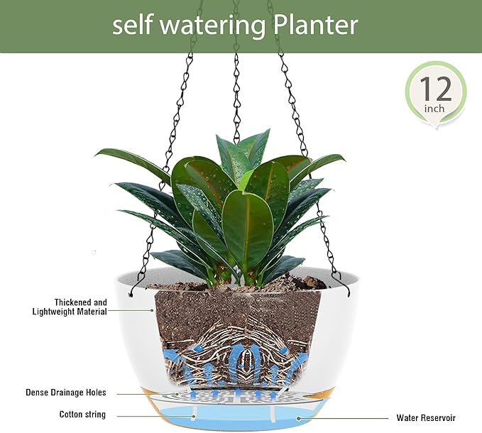 12 Inch Hanging Baskets 2 PC with Chains, Self-Watering Hanging Planters for Indoor Outdoor Plants, Plastic Hanging Flower Pots,White Brown
