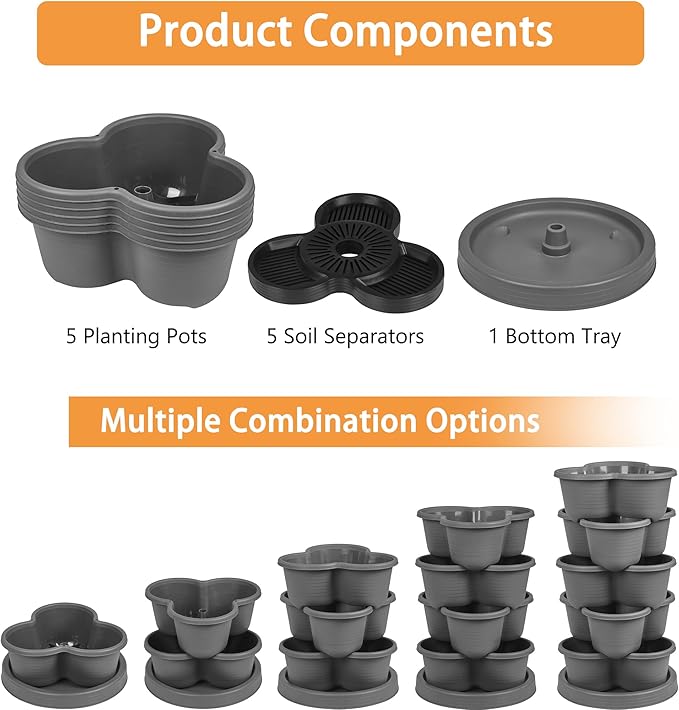 VECELO 5 Tier Vertical Garden Planter, Self Watering Stackable Planters with Wheels for Strawberries, Herbs, Flowers, Vegetables, Dark Gray