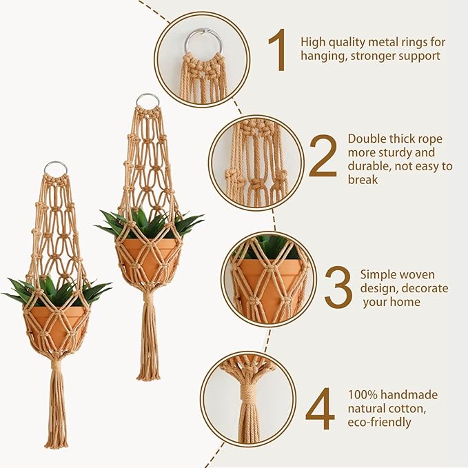 Artilady Hanging Planter for Indoor Plants Macrame Plant Hanger Large Hanging Plant Holder Brown Plants Basket White Rope Boho Original Wall Decor