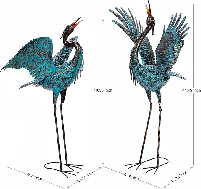 Natelf Garden Crane Sculptures & Statues, Blue Heron Decor Outdoor Large Bird Yard Art, Standing Metal Herons Lawn Ornaments for Home Patio Porch Backyard Decorations(Set of 2)
