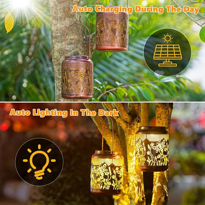 2 Pack Bee Solar Lanterns Outdoor Waterproof Hanging Solar Lights LED 6.9" Metal Flower Bee Decorative Lantern for Patio,Yard,Porch,Table,Garden Birthday Gifts for Women Mom Grandma