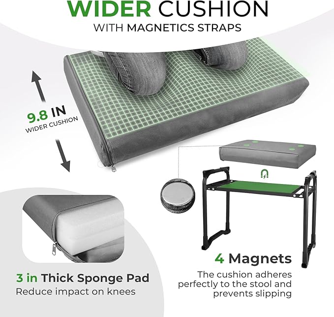 Garden Kneeler and Seat with Upgraded Wide & 3" Thick Kneeling Pad, Heavy Duty Garden Stool with 2 Large Tool Bags, Portable Bench for Planting, Weeding, Gardening Gifts for Women, Men, Seniors