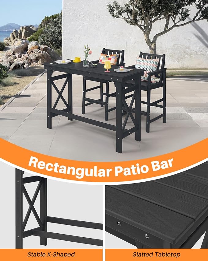 HDPE Patio Bar Table, 41" Rectangle Outdoor Bar Tables Counter Height Table, Adirondack Outdoor Bar Height Table, HDPE Outside Pub Tables for Balcony, Deck, Backyard, Poolside, Obsidian