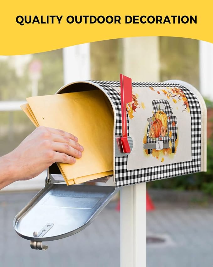 Magnetic Mailbox Cover Oversized 21"x25.5" Fall Black and White Buffalo Plaid Truck with Pumpkins Post Box Cover Mailbox Wraps Post Letter Box Cover for Holiday Garden Yard Outdoor Decor