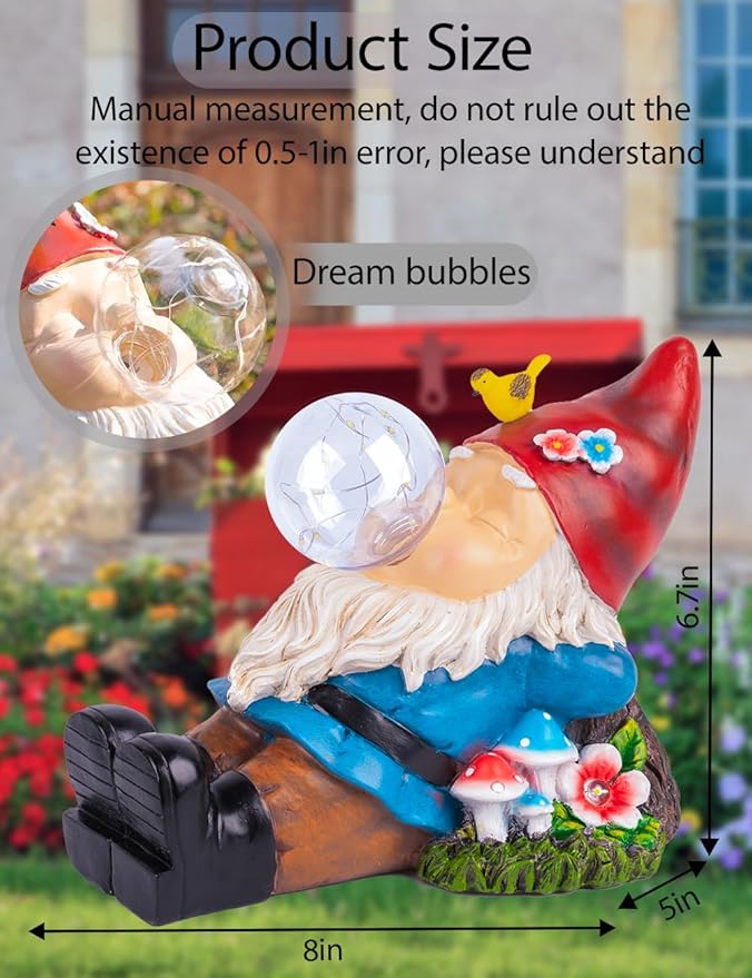 Solar Garden Statue Gnome Figurine Lights, Funny Sleepy Gnomes Dreaming, Outdoor Garden Decorations for Patio Porch，Gifts for Women Mum