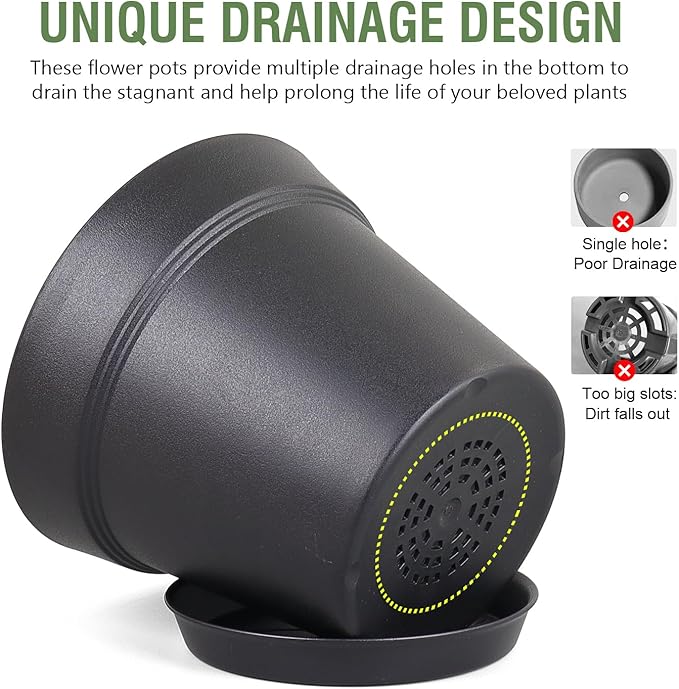 6 inch Nursery Pots, Seedling Pots, 16 Pack Plant Pots for Indoor Outdoor Plants, Flower Pots with Drainage Holes and Saucers, Decorative Plastic Planters for Home Small Plants, Black