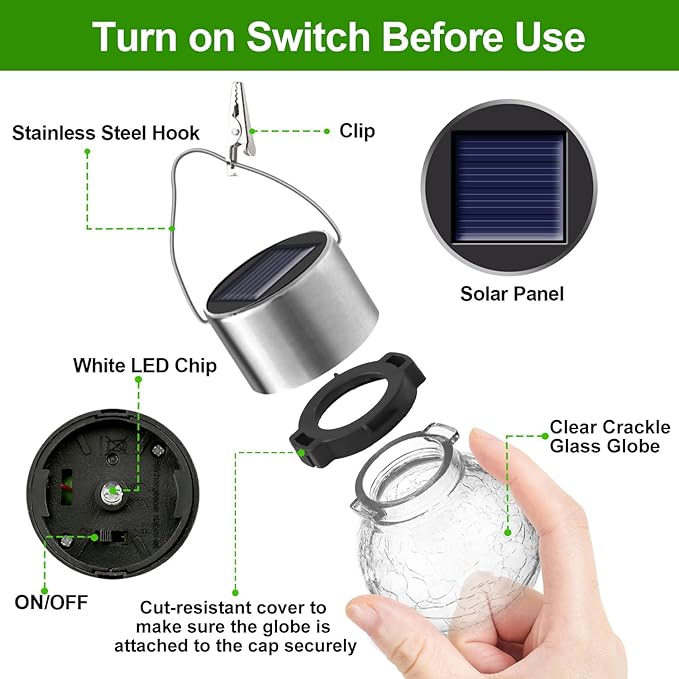 PARTPHONER 32 Pack Hanging Solar Lights Outdoor, Waterproof Solar Globe Lantern with Handle and Clip, Decorative Cracked Glass Ball Lights for Christmas Decor, Tree, Yard, Garden, Patio (Cold White)
